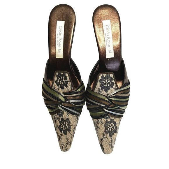 Olivia Rose Tal Shoes - Olivia Rose Tal Marseilles Lace Leather Multi Stripe Twist Mule Heels Pointed To